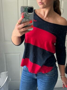 Y2K Women’s Off-Shoulder Striped Sweater - Red & Black